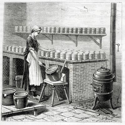 Camembert sajt gyártása (a túrót kagylóba öntik) – Louis Figuier „Az ipar csodái” című művében alkotó: Unknown artist