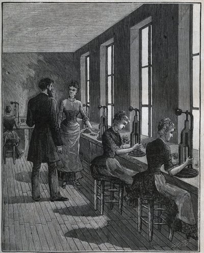 Fémtoll gyártás: dekupázsműhely Franciaországban a 19. században. Metszet 1885-ből Adolphe BITARD „” Les arts et metiers illustres” című könyvébe. alkotó: Unknown artist