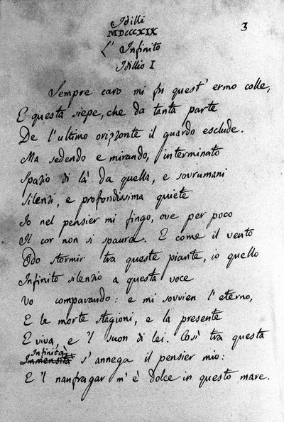 Giacomo Leopardi (1798-1837) olasz költő „” Idilli” (Az idillek) kézirata XIX. alkotó: Unknown artist