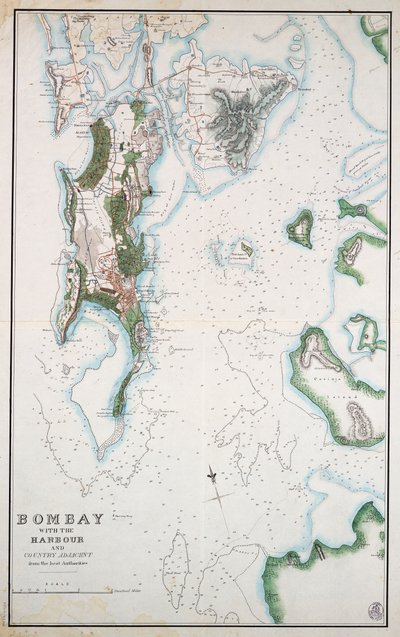 Bombay térképe a kikötővel és a szomszédos vidékkel, rajta az Arab-tenger és a Perzsa-öböl, 1855 körül (tinta, akvarell) alkotó: Unknown artist