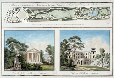 Pierre Augustin Caron de Beaumarchais francia író és drámaíró (1732-1799) kertjének és házának térképe a jelenlegi párizsi Boulevard Beaumarchais-ban. Metszet 1795 körül Párizs, Musee Carnavalet alkotó: Unknown artist