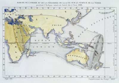 A Bureau of Longitudes által kiadott térkép, amely a Hold árnyékának és sötétségének menetét mutatja a Föld felszínén az 1868-as napfogyatkozás során alkotó: Unknown artist
