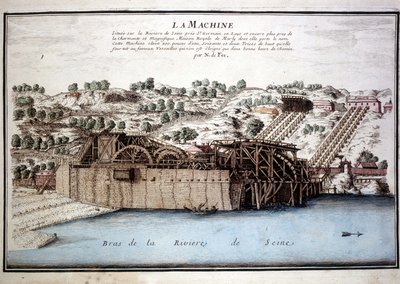 Marly de Rennequin gépe a Szajna vizét a Marly vízvezetéken keresztül Versailles-ba vezette. Metszet 1700-ból. alkotó: Unknown artist