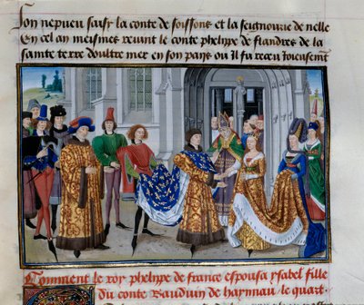 Philippe Auguste (1165-1223) és Isabelle de Hainault (1181. április 28.) házassága. Miniatűr a „Császárok krónikájában”, Loyset Liedet (1420-1479) alkotó: Unknown artist
