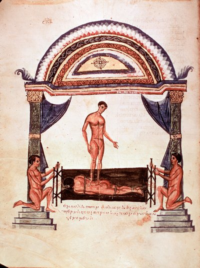 Gyógyászat: elmozdult gerinc csökkentése - a pácienst fadeszkára rögzítik, az egyik terapeuta a hátán áll (kézirat alkotó: Unknown artist