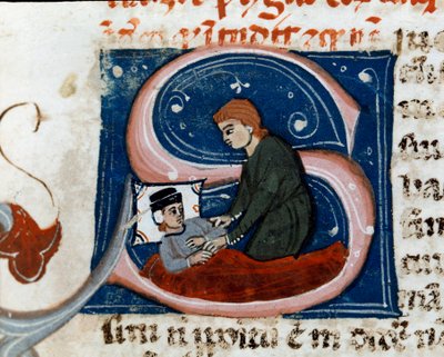 Orvostudomány: a beteg otthon gyógyul. Részlet. Kéziratos oldal (ms.d.xxv) "" Galien bánata "" (Galéni szerződés) fordította Nicola da Reggio, filológus doktor. 14. századi Cesena, Malatesta Könyvtár alkotó: Unknown artist