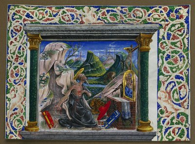 Kéziratból kivágott miniatúra: Jeromos a pusztában alkotó: Unknown artist