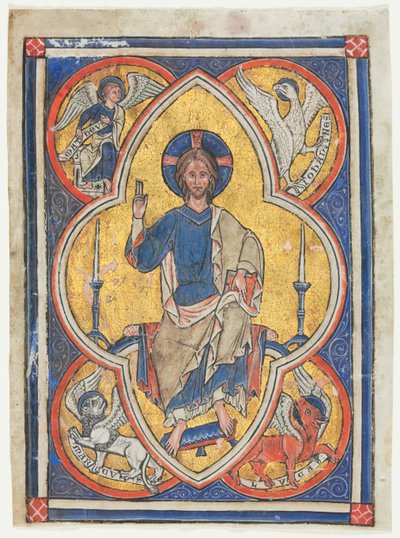 Zsoltárból kivágott miniatűr: Krisztus a felségben a négy evangélista jelképeivel alkotó: Unknown artist