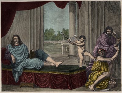 Moliere Jean Baptiste Poquelin (1622-1673) a vígjáték dzsinnjét idézi a bűn leverésére és a képmutatás levezetésére - Metszet egy 17. századból eltűnt festmény után alkotó: Unknown artist