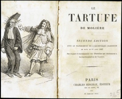 Moliere színházi maszkkal ijesztgeti az egyházat – Frontispiece du „Tartuffe”” (Tartufe) de Molière, szerk. Hingray, Párizs alkotó: Unknown artist