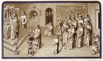 Szerzetesek a kolostor kápolnájában: ima és kórus. Grisaille a Szűzanya csodáiról. Kromolitográfia. 19. század alkotó: Unknown artist