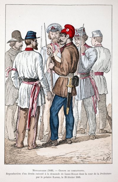 Montagnards (1848), egy csapat harcos, akik közül az egyik a fríg sapkát és a forradalmi kokárdát viseli. Eau forte en couleurs, Alexandre Ledru-Rollin (Ledru Rollin) (1807-1874) kérésére elkészített rajz reprodukciója az épület udvarán. alkotó: Unknown artist
