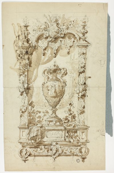 Monumentális váza díszes keretben (recto); Vázlat álló emberről napernyővel és papagájjal, valamint építészeti tanulmányok (verso) alkotó: Unknown artist