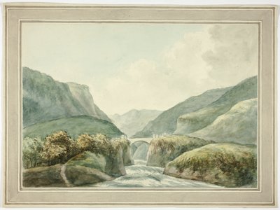 Mountain Town by Bridge Spanning Rapids alkotó: Unknown artist