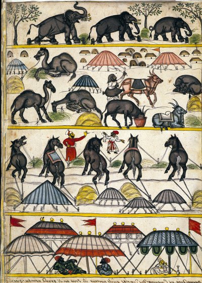 Mogul katonai tábor. Oldal a kéziratból (ms.8300) Stefano Nivibus Cardeira „Mogol története”” (Moghul vagy Moghol). 18. század. Bibloteca marciana, Velence alkotó: Unknown artist