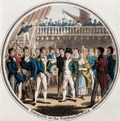 Napóleon Bonaparte és George Cockburn angol admirális Northumberlandben Madame Bertrand kíséretében (színes litó) alkotó: Unknown artist