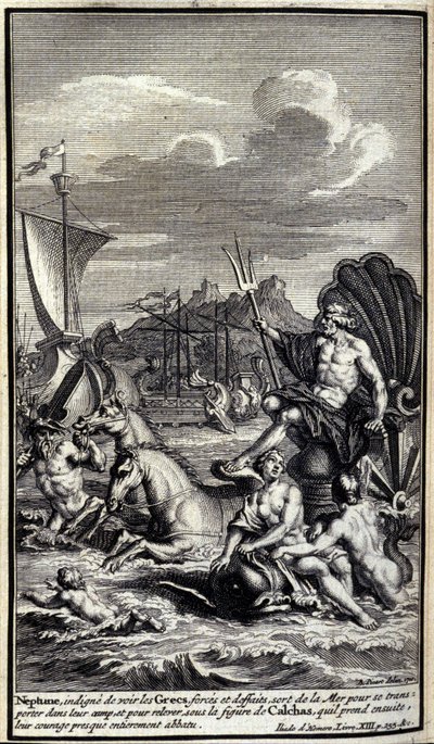 Neptunusz, aki méltatlan volt arra, hogy lássa a görögök erőit és tetteit, elhagyja a tengert, hogy táborukba szállítsa magát, és felemelkedjen Calchas alakja alá, akit aztán magához vesz, bátorságuk csaknem teljesen megsemmisült. Az Iliász XIII. könyvének alkotó: Unknown artist
