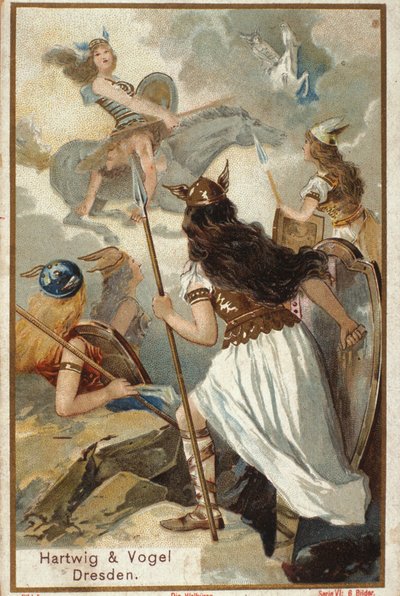 Skandináv mitológia: A Walkűrök (szüzek harcosai) Valhollban (vagy Walhalla, Valhalla, Valhalle: hely, ahová a bátor harcosokat viszik) és a harcosok bukása a csatában. századi kromolitográfia alkotó: Unknown artist