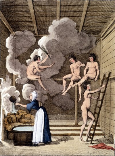 Meztelen karakterek egy filandi szaunában. Az 1811-ből származó metszet tartalmaz egy könyvet az utazásról. alkotó: Unknown artist