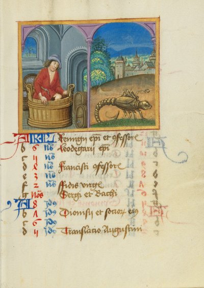 Októberi naptár oldal; Treading Grapes; Skorpió alkotó: Unknown artist