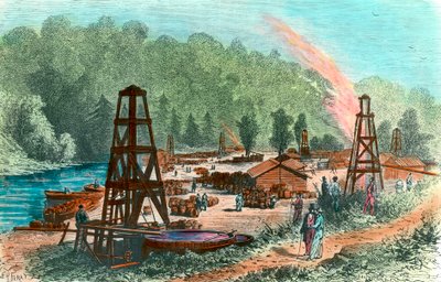 Olajkutak a Tarr Farmban Pennsylvaniában, Amerikai Egyesült Államokban. századi metszet. Magángyűjtemény alkotó: Unknown artist