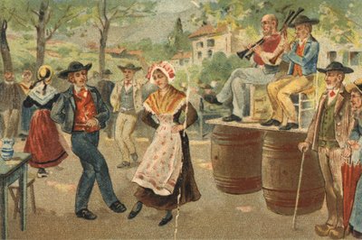 Auvergne régióban ünnepelt régi szokás: a bója Szent János ünnepén. A 19. század végének kromolitográfiája. alkotó: Unknown artist