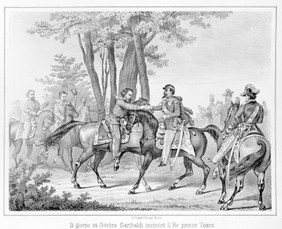 1860. október 26-án Giuseppe Garibaldi szintén feleségül vette II. Viktor Emmánuel (Victor-Emmanuel) (Vittorio Emanuele) királyt Teano közelében. századi metszet. alkotó: Unknown artist