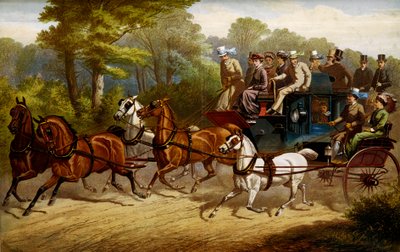 Útban a derbi felé. Fiacre és omnibusz, amelyet lovak húznak egy derbire alkotó: Unknown artist