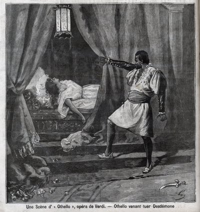 Othello most ölte meg Desdemonát az ágyában. Giuseppe Verdi (1813-1901) „” Othello” című opera jelenete, metszet a „” Le Parisien”-ben” alkotó: Unknown artist