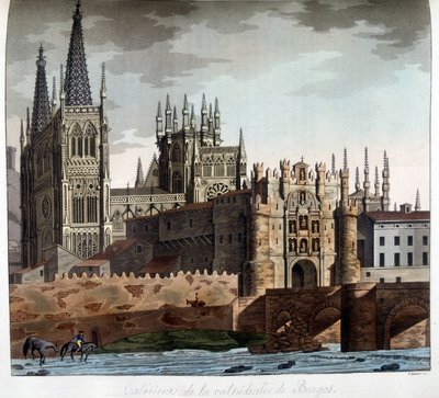 A gótikus Szent Mária-székesegyházon kívül Burgosban, Spanyolországban. századi litográfia. alkotó: Unknown artist