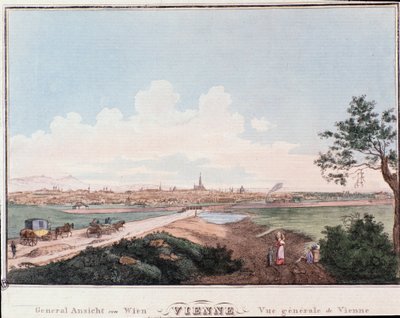 Bécs városának áttekintése a Dunán átívelő híddal. Ausztria Metszet 1830-ból Magángyűjtemény alkotó: Unknown artist