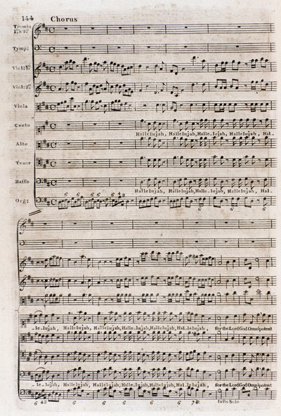 A honosított angol német zeneszerző, George Frederick Handel (Georg Friedrich Handel) „A messiás” (A messiás) című kórus „” Hallelujah”” partitúrájának oldala alkotó: Unknown artist