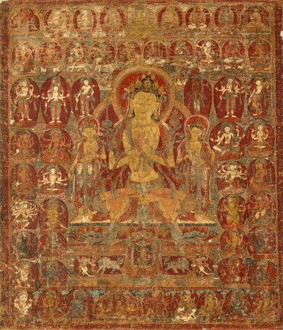 Festett transzparens (Thangka) a bódhiszattva Manjushri Vajrapani (jobbra) és Padmapani (balra) társaságában. alkotó: Unknown artist