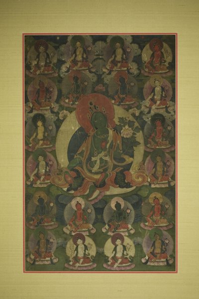 Festett zászló (Thangka) a Zöld Tara húsz megnyilvánulással körülvéve alkotó: Unknown artist