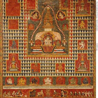 Ushnishavijaya istennő festett zászlaja (paubha) egy temetkezési dombon (chaitya) belül és Chaityákkal körülvéve. alkotó: Unknown artist