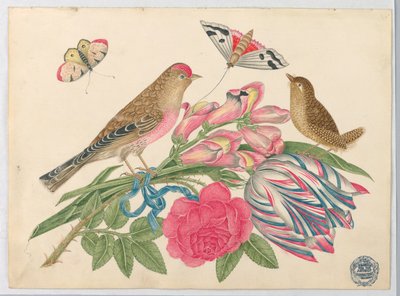Barna madárpár a csokor tulipánnal, rózsával és csattanósárkányokkal, pillangókkal alkotó: Unknown artist