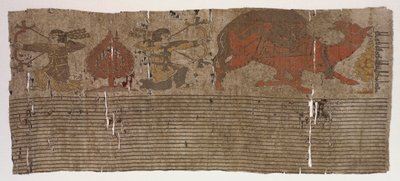 Panel vadászokkal és tevével és felirattal alkotó: Unknown artist