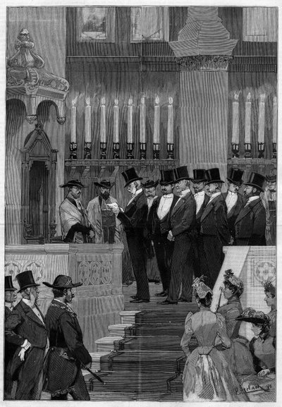 Párizs 1890: Zadoc Kahn (Zadoc-Kahn) (1839-1905) francia nagy rabbi beiktatása. Monsieur Alphonse de Rothschild (1827-1905) felolvassa a jelölési parancsot. alkotó: Unknown artist