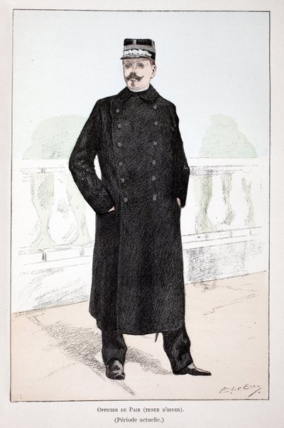 Béketiszt, téli ruha (Lepin időszak). Színes rézkarc, illusztrációként „A békefenntartók hadtestének története”” című könyv Louis Lepine (1846-1933) Szajna menti rendőrprefektus gondozásában jelent meg, Alfred Rey (1864-?) és Lou. alkotó: Unknown artist