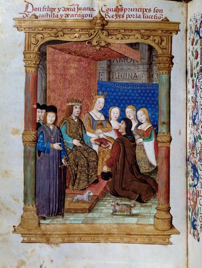 Pedro Marcuello bemutatja könyvét I. Fülöp Hasburg királynak, akit a Szépnek nevezett (1478-1506) és Joan Iere kasztíliai királynénak (1504-1555). Miniatűr a Da Juana királynő áhítatában, akit őrült nőnek neveztek, Pedro Marcuello alkotó: Unknown artist