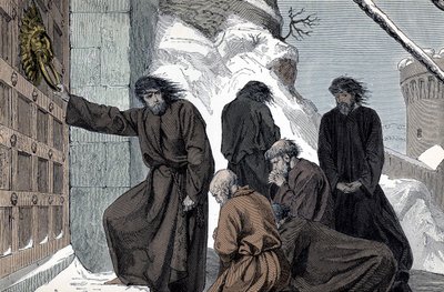 Henrik német vezeklése Canossában – IV. Henrik német császár (1050 - 1106) a Canossa (IV. Henrik Szent-római császár vezeklése, Canossa, Olaszország, 1077. január. Henrik mezítláb áll a hóban, hajingben , hogy meggyőzze P alkotó: Unknown artist