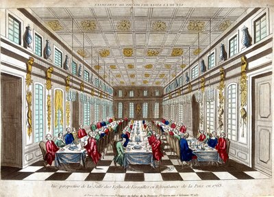 Perspektivikus nézet a Salle des Festins de Versailles-ról a béke ünneplésére 1763-ban Nagy-Britannia, Franciaország és Spanyolország között. alkotó: Unknown artist
