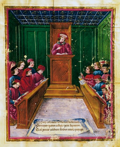 Pietro da Unzola jogi szövegről előadást tart a diákoknak jogi előadás közben a Bolognai Egyetemen, Miniatűr Liber jogok és kiváltságok közjegyzőktől Bologna kézirata, Olaszország alkotó: Unknown artist