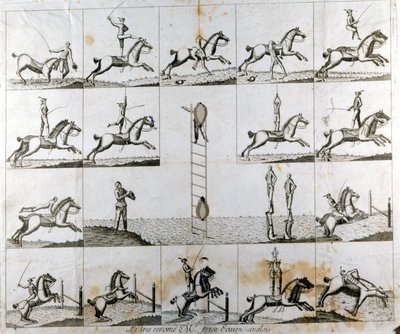19 nyomatot tartalmazó tányér, amely az angol voltiger Mr. Price ügyességét ábrázolja. 1790 kb. alkotó: Unknown artist