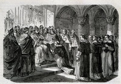 Adrien pápa (792-872) átadta egyik legátusának a Lord Normand elleni kiközösítési buborékot. Metszet - „A pápák története” című részben, sd. 19. század. alkotó: Unknown artist