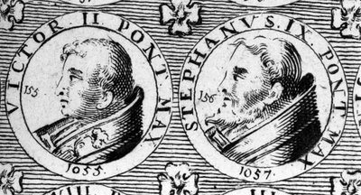 II. Viktor pápák (vagy 2. Viktor 1057-ben halt meg) és IX. István (vagy 9. István 1058-ban halt meg). 18. századi metszet. alkotó: Unknown artist