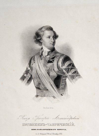 Grigorij Alekszandrovics Potyomkin vagy Potiomkin (Grigorij Alekszandrovics Potyomkin-Tavricheski herceg (Potyomkin Tavricheski) (1739-1791) orosz katona és kormányférfi portréja – 18. század végi metszet alkotó: Unknown artist