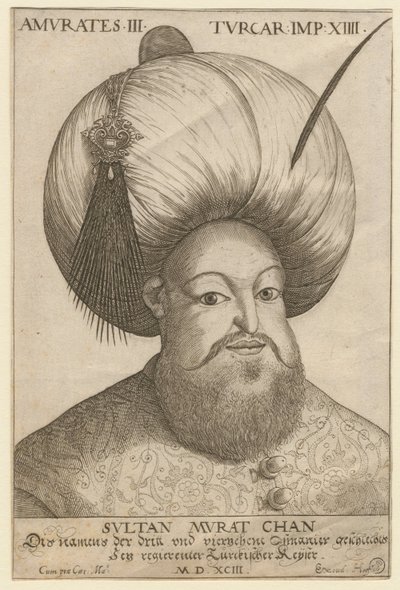 Mourad III portré (1546-1595), oszmán szultán - III. Murád (1546-1595), az Oszmán Birodalom szultánja - Névtelen - 1593 - Rézkarc - 18,5x12,3 - Magángyűjtemény alkotó: Unknown artist