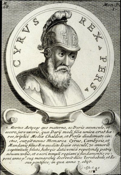 Nagy Kürosznak, a Perzsa Birodalom alapítójának nevezett II. Kürosz (kb. ie 559-529) portréja. A 18. századi magángyűjtemény metszete alkotó: Unknown artist