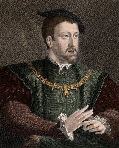 V. Károly császár (1500-1558) portréja az Aranygyapjas Rend nyakláncával - V. Károly (1500-1558) az Aranygyapjas Rend láncát a nyakában viselő - metszet - XIX. alkotó: Unknown artist